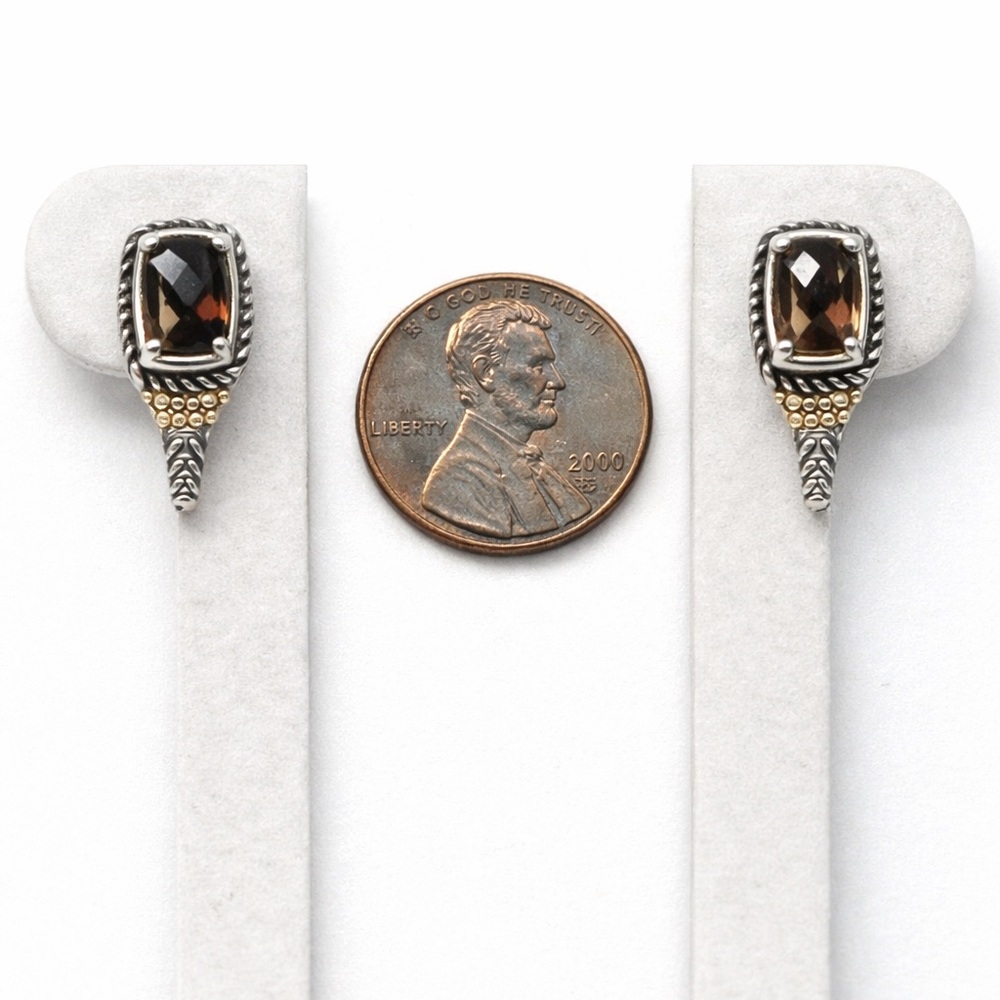 14K Gold & Sterling Silver Smoky Topaz Earrings Thailand Signed - Picture 5 of 8